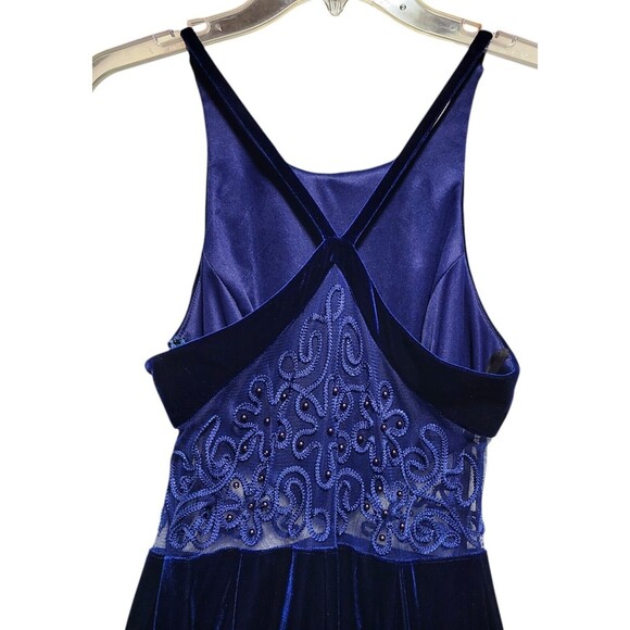 Bari Jay Dress Women's 9/10 Blue Velvelt Illusion Beaded Halter Holiday Maxi - Picture 4 of 10